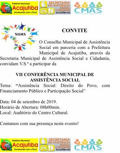 VII CONFERÊNCIA MUNICIPAL DE ASSISTÊNCIA SOCIAL.
